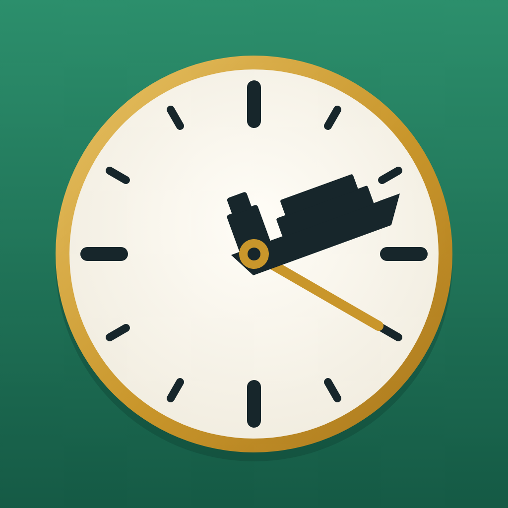 Ship O'Clock app icon: a brass-rimmed dial on harbour green, the hour hand a container ship pointing at 2:20