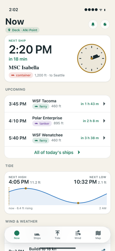 Now screen: next ship past your pin at 2:20 PM, tide, wind and weather as times