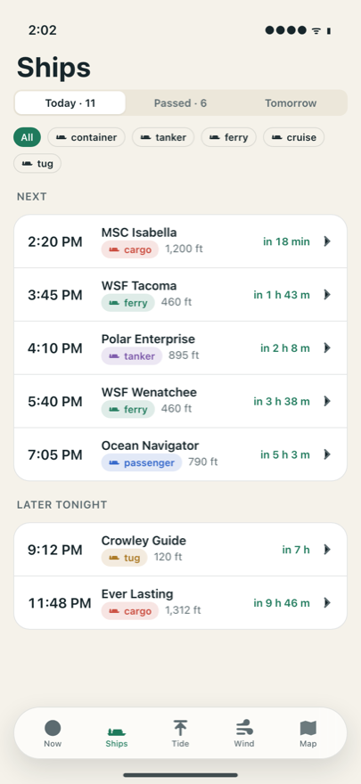 Ships screen: the list of ships with pass times
